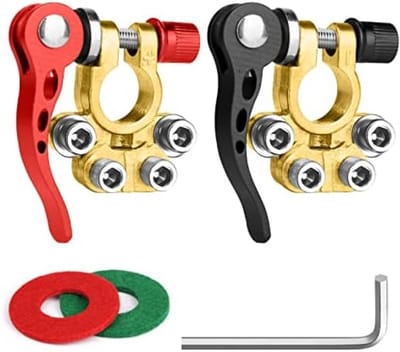 PolkaHome Accuklemmen, 2 Stuks 12 V 4-weg Auto-accupoolklemmen Hoogwaardige Messing Accuklemmen Poolklemmen Positieve en Negatieve Connectoren Snelspanner voor Camper Auto Vrachtwagen Boot Motor