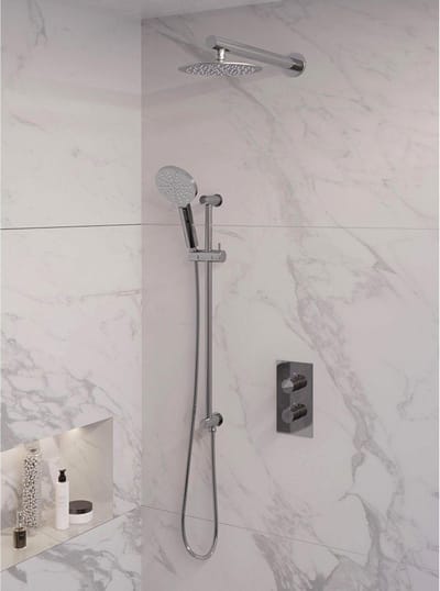 Brauer Chrome Edition thermostatische inbouw regendouche 3-weg omstelling SET 43 met 20 cm douchekop en rechte muurarm en 3-standen handdouche en doucheslang en geïntegreerde glijstang chroom