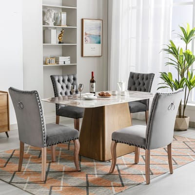 Sweiko Eetkamerstoel (Keukenstoel, Woonkamer Stoel met Unieke Deurringen op de rug, 4-delig), Gewatteerde stoel met nagelkopdecoratie, massief houten poten, fluwelen hoes, Grijs(excl. tafel)