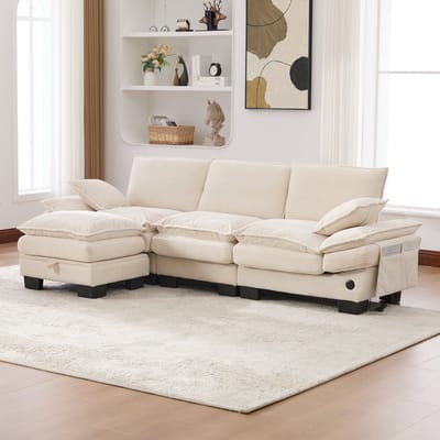 DESMIU Hoekbank 260 x 132 x 84 cm - Modulaire 3-Zitsbank Met Hocker, USB-C En Zijvakken - Voor Woonkamer, Kantoor En Lounge - Corduroy Beige
