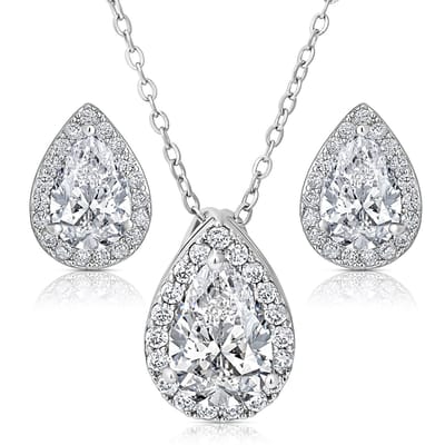 Juwelium Sieradenset + Flowerbox Geschenkset | Luxe Druppel Ketting en Oorbellen Crystal White met Zirkonia | Perfect Cadeau voor Vrouw, Vriendin, Moeder, Dochter