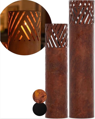 Decoratieve Windlichtzuil Set van 2 voor Tuin en Binnen - Industrieel Design in Roestkleur - 95 cm en 75 cm Hoog met Kaarsen