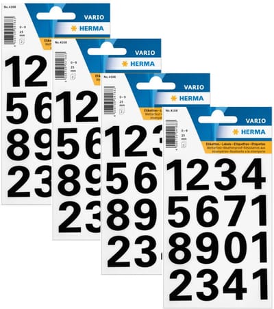 Herma Stickervel nummers - cijfers / getallen - 0 t/m 9 - 4x vellen - zwart - 25 mm - watervast