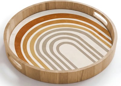 Dienblad rond 40x40 cm - Schootdienblad hout - Minimalistisch - Boog - Lijnen - Beige - Borrelplank rechthoek - Plateau houten dienbladen