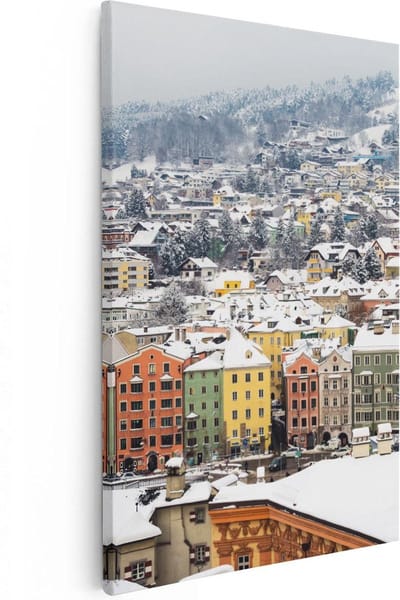 Artaza Canvas Schilderij Skyline Winter - 20x30 cm - Klein - Muurdecoratie Stad - Wanddecoratie Bergen - Kamer Accessoires