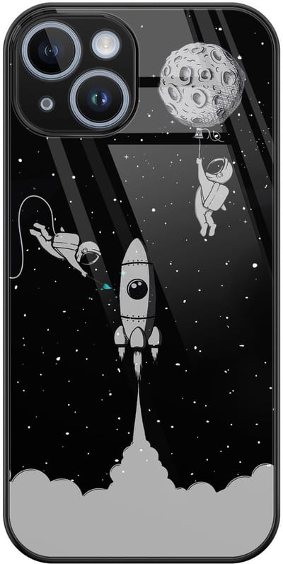 Hoesje geschikt voor iPhone 14 - Space shuttle - Luxe Glazen Hardcase - Hippe print - Grijs - Leuke Telefoonhoesjes
