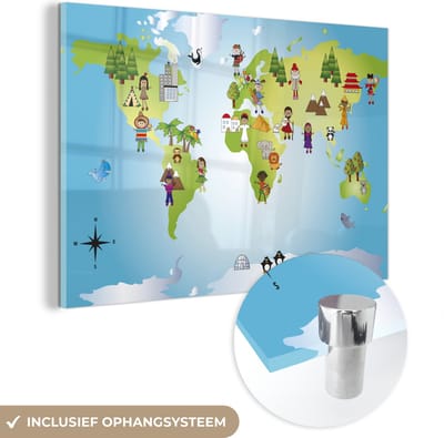 ® Glasschilderij 180x120 cm - Schilderij acrylglas - Wereldkaart - Kinderen - Natuur - Illustratie - Jongens - Meisjes - Foto op glas - Muurdecoratie woonkamer - Wanddecoratie slaapkamer - Schilderijen