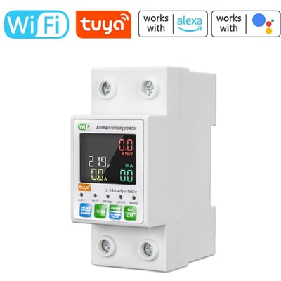Tuya WiFi intelligente stroomonderbreker, verlichte eenfasige energiemeter, automatisch hersluitende beschermer wit