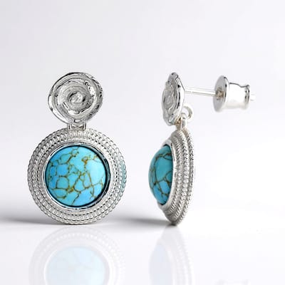 Cavill - Zilveren Oorbellen 925 Sterling Zilver - Turkoois 2,3 ct Ronde Cabochon - Gouden Aders Design - Unieke Spiraalvormige Zilveren Sieraden Dames