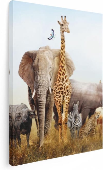 Artaza Canvas Schilderij Safaridieren - 30x40 cm - Klein - Wanddecoratie Leeuw En Zebra - Muurdecoratie Afrika - Kamer Accessoires