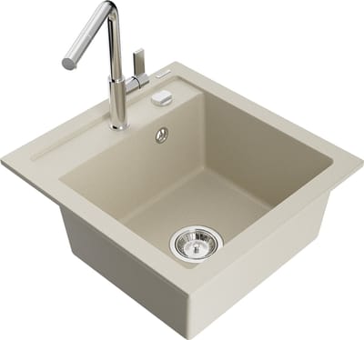 Mexen Vito granieten gootsteen 1-komorige met keukenmengkraan Flora, beige - 6503-69-670401-00