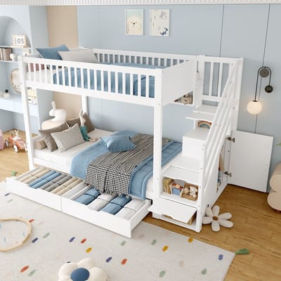 MODENUIT Stapelbed 90x200 cm – Zonder matras – Opbergtrap met kast, laden en planken – Grenenhout en plaatmateriaal – Wit