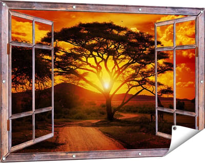 Gards Tuinposter Doorkijk Zonsondergang Achter een Savanne Boom - 120x80 cm - Tuindoek - Tuindecoratie - Wanddecoratie buiten - Tuinschilderij