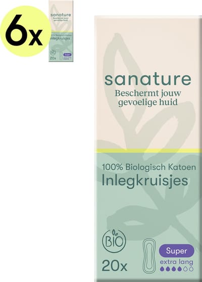 Sanature Bio - 100% katoenen - Inlegkruisjes Super - 6 x 20 stuks - Natuurlijk & voor de gevoelige huid