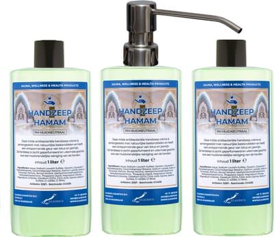 Handzeep Hamam 500 ml - set van 3 stuks - met gratis RVS zilverkleurige pomp - Voordeelverpakking