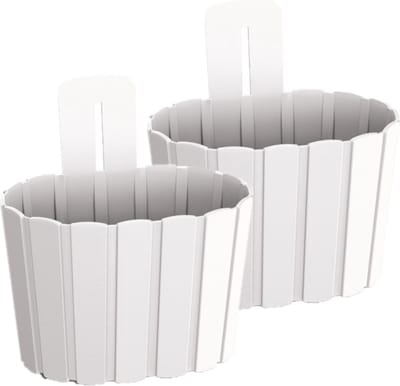 Set van 2x stuks wood-look muur/wand/schutting plantenpot/bloempot kunststof dia 20 cm/hoogte 15 cm parel wit voor buiten