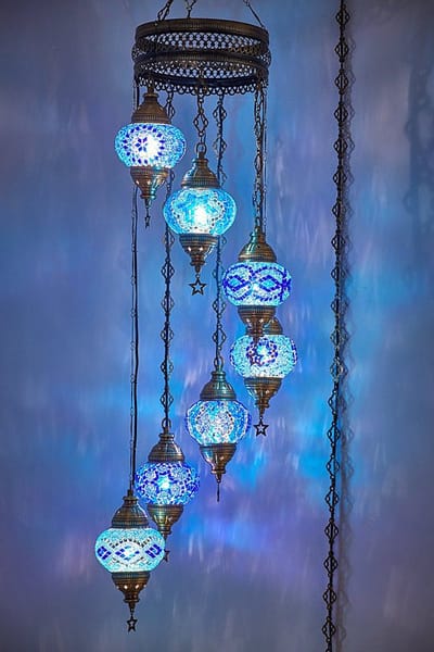Turkse Lamp Hanglamp - Mozaïek Lamp Blauw - 7 Bollen - Authentiek Handgemaakt Kroonluchter