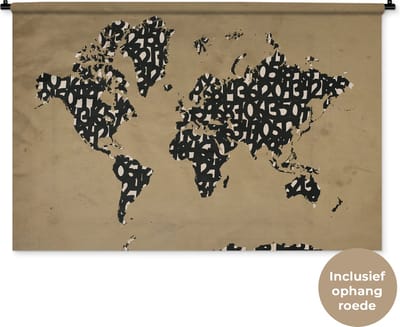 Wandkleed WereldkaartenKerst illustraties - Wereldkaart gemaakt van dikke zwarte cijfers op een bruine achtergrond Wandkleed katoen 150x100 cm - Wandtapijt met foto