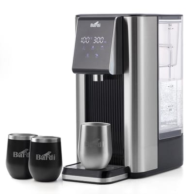 Bardi Heetwaterdispenser 2,6L – 6 Temperatuurstanden 45-100°C – Instant Waterkoker – Touch Display – Inclusief 3 Thermoscups (RVS + Zwart) & Onderzetter – RVS