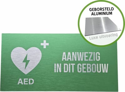 Pictogram/ bord Dibond geborsteld | "AED aanwezig in dit gebouw" | 30 x 15 cm | Luxe uitvoering | Eerste hulp | Defibrillator | Noodvoorziening | Noodgeval | SOS | Cardio | Hartstilstand | 1 stuk