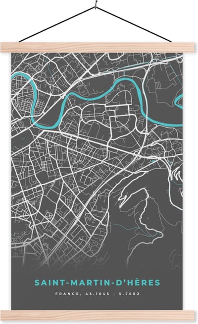Posterhanger incl. Poster 40x60 cm - Schoolplaat - Saint-Martin-D'Hères - Frankrijk - Plattegrond - Stadskaart - Kaart - Textielposter - Blanke latten - Stadskaart