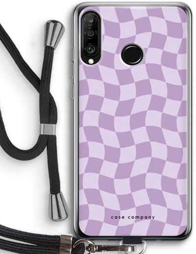 Case Company® - Hoesje met koord geschikt voor Huawei P30 Lite hoesje met Koord - Grid Paars - Telefoonhoesje met Zwart Koord - Bescherming aan alle Kanten en Over de Schermrand