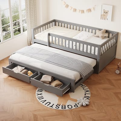 MODFU Bedframe 90x200 cm van hout – grijs – met uittrekbed, 2 lades en rondom veiligheidshekje – dagbed voor kinderen