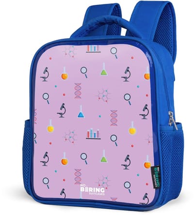 NoBoringSuitcases.com® - Rugzak blauw - Schooltas jongens - Laboratorium en wetenschapspatroon op paarse achtergrond - Kinder rugtas jongen - Boekentas kind - Kinderrugzak voor school - Schoolrugzak