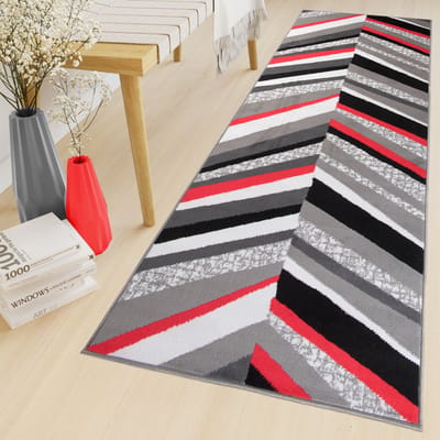 Tapiso Maya Loper Vloerkleed Grijs Zwart Rood Gang Modern Woonkamer Gang Maat- 100x100