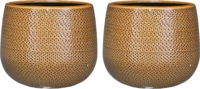 Set van 2x stuks keramiek aardewerk bloempotten van 16 x 18 cm in het geribbeld okergeel - Mica Decorations plantenpotten