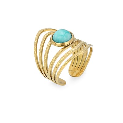 Ring – Rvs – Amazoniet – Blauw - edelsteen - Goudkleurig 18K PVD plating – Verstelbare – Brede ring – Opengewerkte - Makkelijke voor mensen met moeilijke en artrose vingers