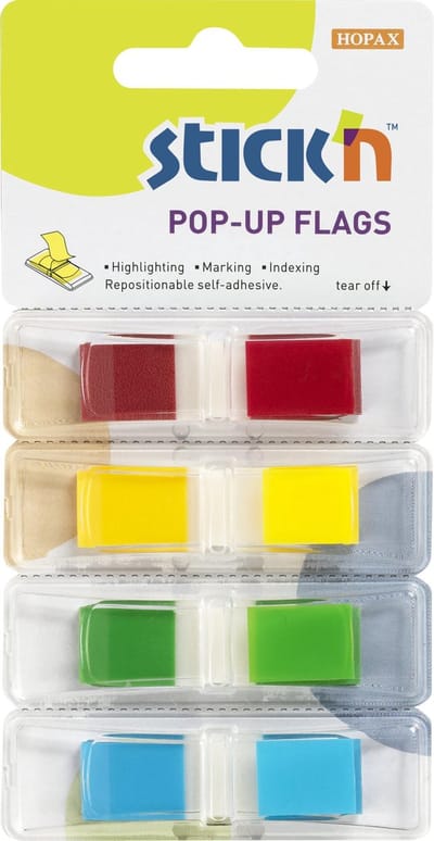 Stick'n Index tabs in houder - 45x12mm, neon transparant, 140 sticky tabs, bladwijzers