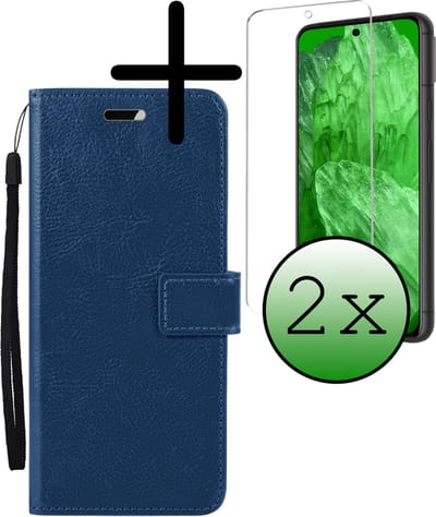 Hoesje Met 2x Screenprotector - Geschikt voor Google Pixel 8a - Luxe Pasjeshouder - Bookcase Portemonee - Flip Case - Kunstleer Book Case - Flipcase Hoes - Book Cover - Walletcase - Portemonneehoes - Donkerblauw