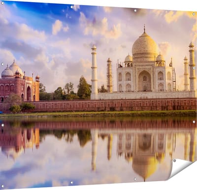 Gards Tuinposter Taj Mahal bij het Water in India - 150x120 cm - Tuindoek - Tuindecoratie - Wanddecoratie buiten - Tuinschilderij