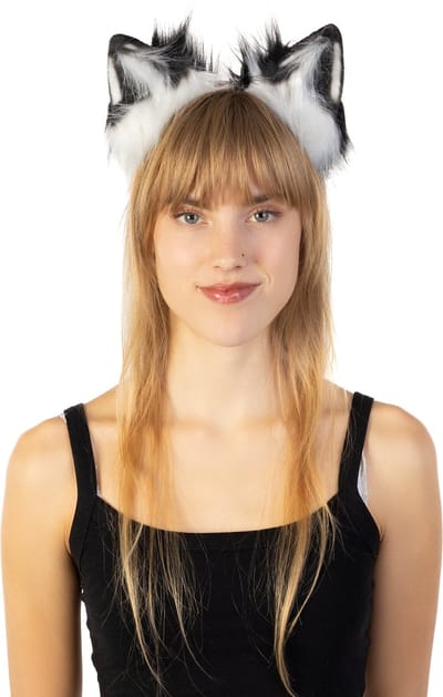 KIMU® Haarband Furry Oortjes Zwart Wit - Kat Poes Vos Diadeem Dons Dieren - Evenement Dierenoren Oor Oren Vilt Lynx Hond Wolf Haren Festival