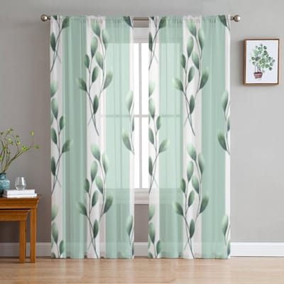 Groene bladeren en strepen doorschijnende gordijnen voor woonkamerraam Transparante voile tule gordijn Slaapkamer gordijnen Woondecoratie 135W x 114H(cm) gray