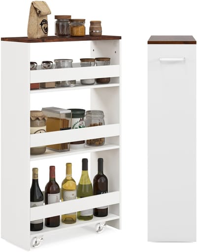 COSTWAY Nichewagen 20 cm breed, 4 etages keukentrolley smal, nisrek op wielen, serveerwagen met handvat & leuningen, badkamerrek hout, voor keuken, badkamer, 47,5x33x80,5cm (wit + bruin)