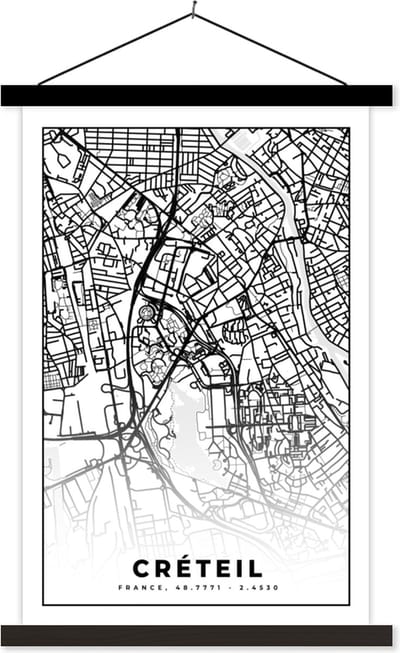 Posterhanger incl. Poster 40x60 cm - Schoolplaat - Stadskaart - Créteil - Plattegrond - Kaart - Frankrijk - Zwart wit - Textielposter - Zwarte latten - Stadskaart