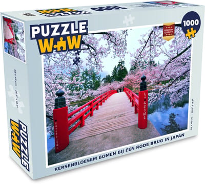 Puzzel Kersenbloesem bomen bij een rode Brug in Japan - Legpuzzel - Puzzel 1000 stukjes volwassenen