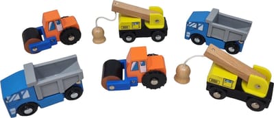 Werkauto's in set van 6 geleverd in 3 soorten past op een treinbaan met rails afmeting auto 8 x 5 x 3,3 cm
