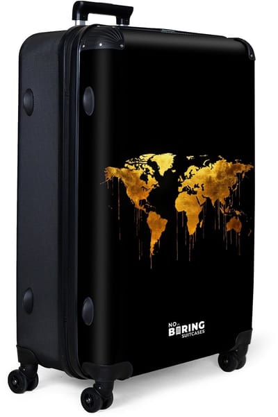NoBoringSuitcases.com® - Koffer groot - Reiskoffer lichtgewicht - Wereldkaart - Goud - Druipen - Zwart - Rolkoffer met 4 wielen - Grote trolley XL - 98 liter bagage