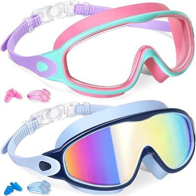 Set van 2 kinderzwembrillen voor kinderen van 3-15 jaar, met UV-bescherming en anti-condens eigenschappen, geschikt voor jongens, meisjes, peuters en kleuters, roze en blauw.