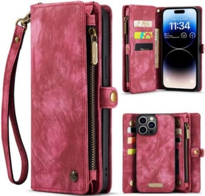 2 in 1 Afneembare Magnetische Rits Portemonnee Telefoon Hoesje geschikt Voor IPhone 15 Kaarthouder Lederen Luxe Multifunctionele Aanklikbaar Hoes Rood