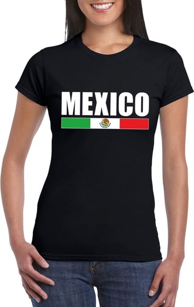 Mexico supporters kleding t-shirt - voor dames - zwart - met vlag kleuren print - korte mouwen S