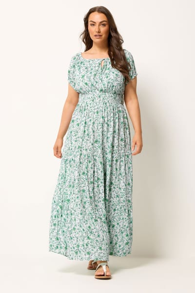 Yours Groene Bardotmaxijurk Met Bloemenprint Size 42