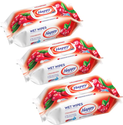 Happy Wet Wipes Cranberry 3 x 102 vochtige reliëf doeken PH 5.5 gebalanceerd.