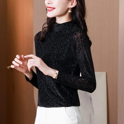 Dames T-shirt met lange mouwen Gouden Velours Top Lente Nieuw Halfhoge col Plus Velours Basis Shirt 4XL black