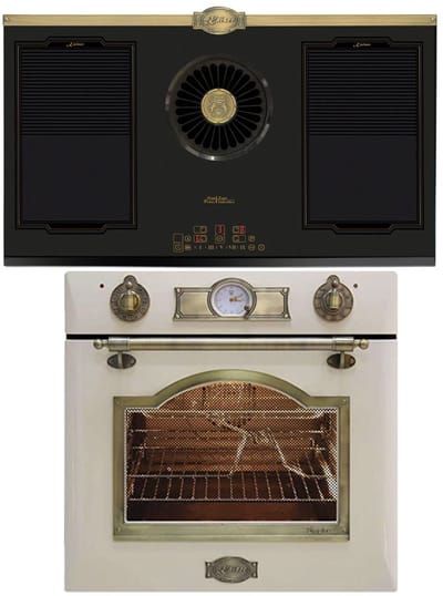Kaiser - inbouwoven - EH 6355 ElfEm - inductie -KCT 9365 IEm Retro - inductiekookplaat met geïntegreerde afzuigkap - 1250 m³/h - elektrisch - retro - zelfreinigend - 60cm - 67L - 8 functies - ivoor - Empire design in brons