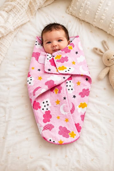 Baby Inbakerdoek – Swaddle – Inbakerzak – Zacht Katoen – Verstelbaar – Roze met Wolken & Sterren – Pasgeboren Baby