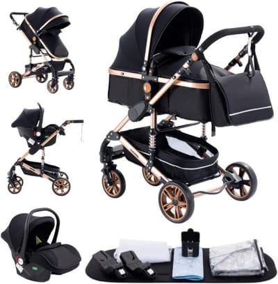 Kinderwagen 3-in-1 - Combinatie kinderwagen - Baby vervoeren - Lichtgewicht frame - 40x40x20 cm - Zwart Goud